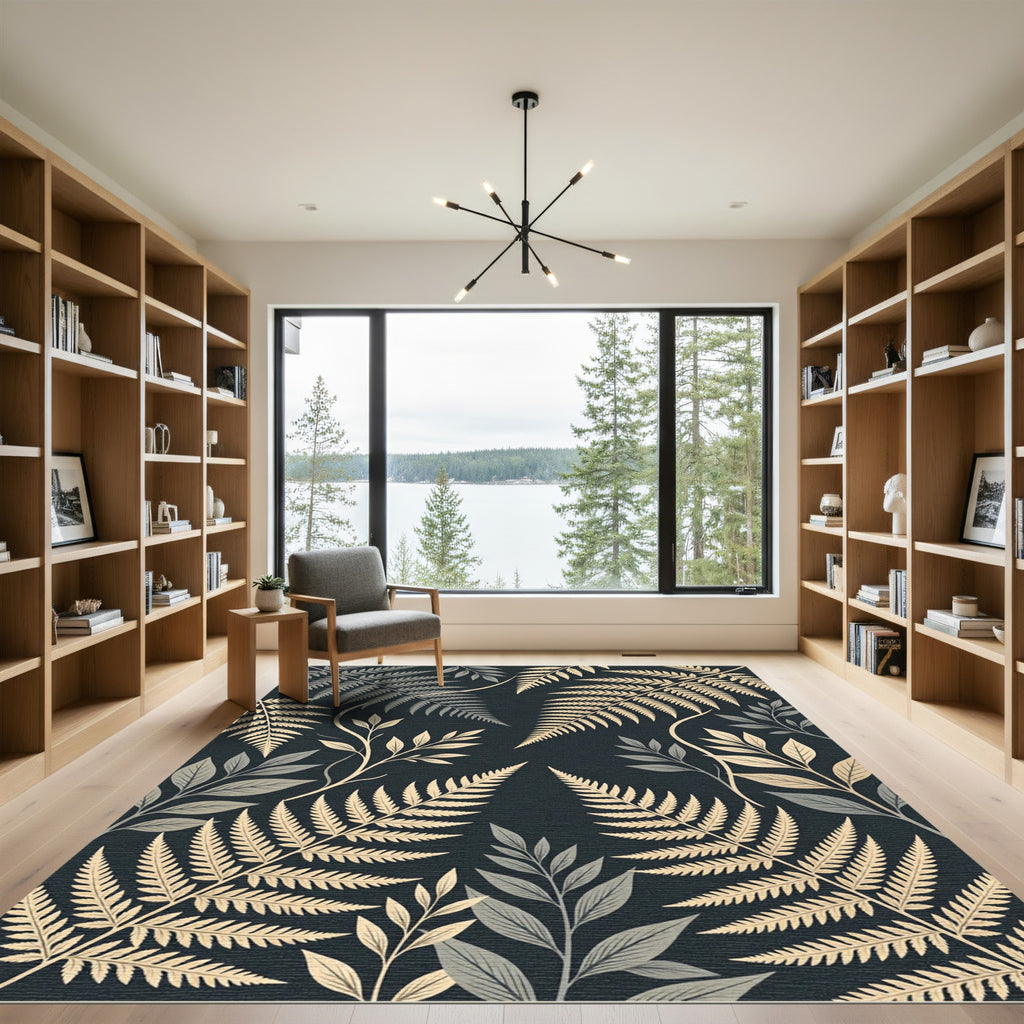 Elegant Golden Fern Foliage Charcoal Rug