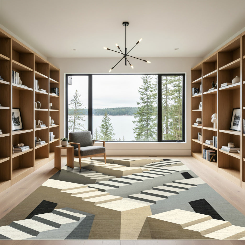 Isometric Staircase Beige Geometric Abstraction Rug