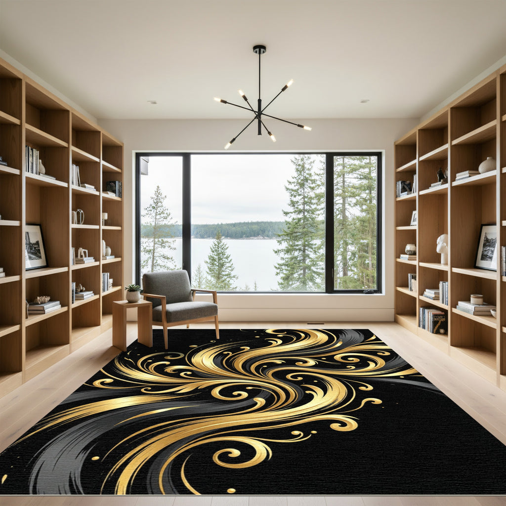 Elegant Golden Swirls on Noir Background Rug