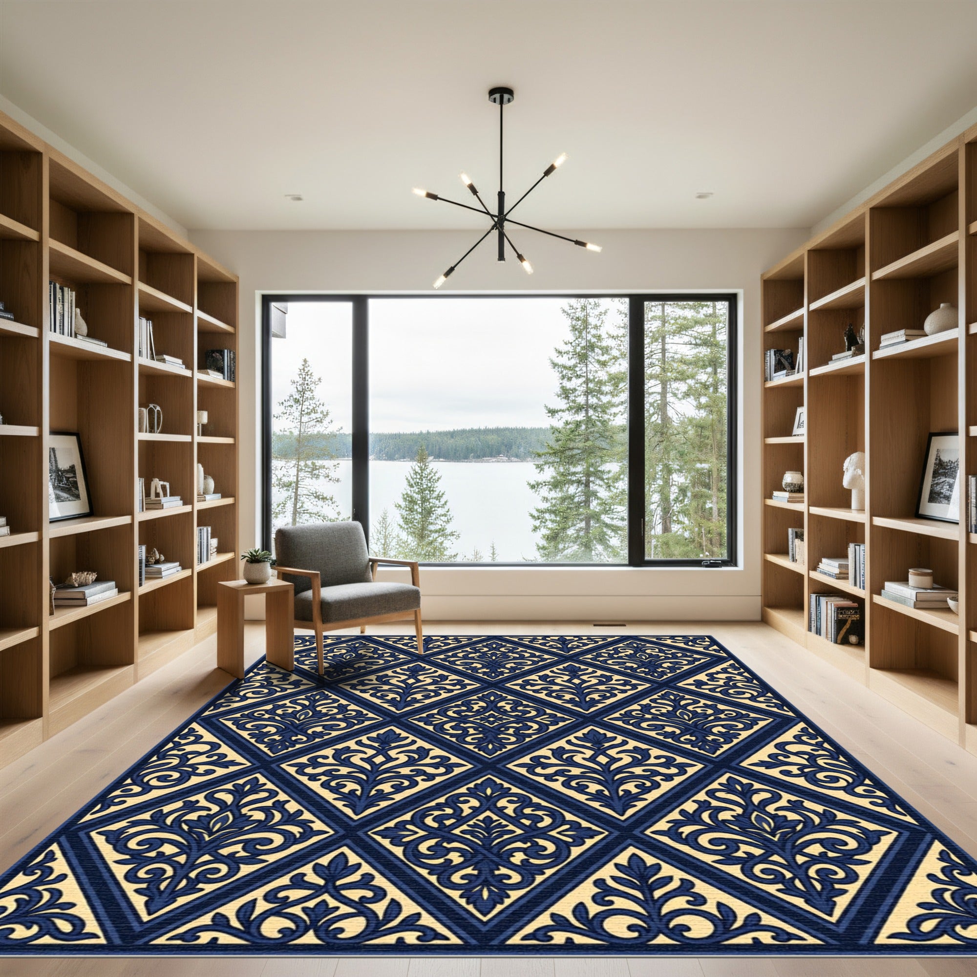 Elegant Navy And Cream Damask Diamond Rug