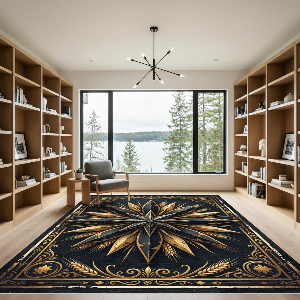 Golden Celestial Star Black Wheat Rug