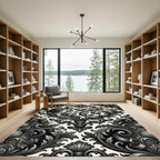 Ornate Black and White Acanthus Scroll Rug