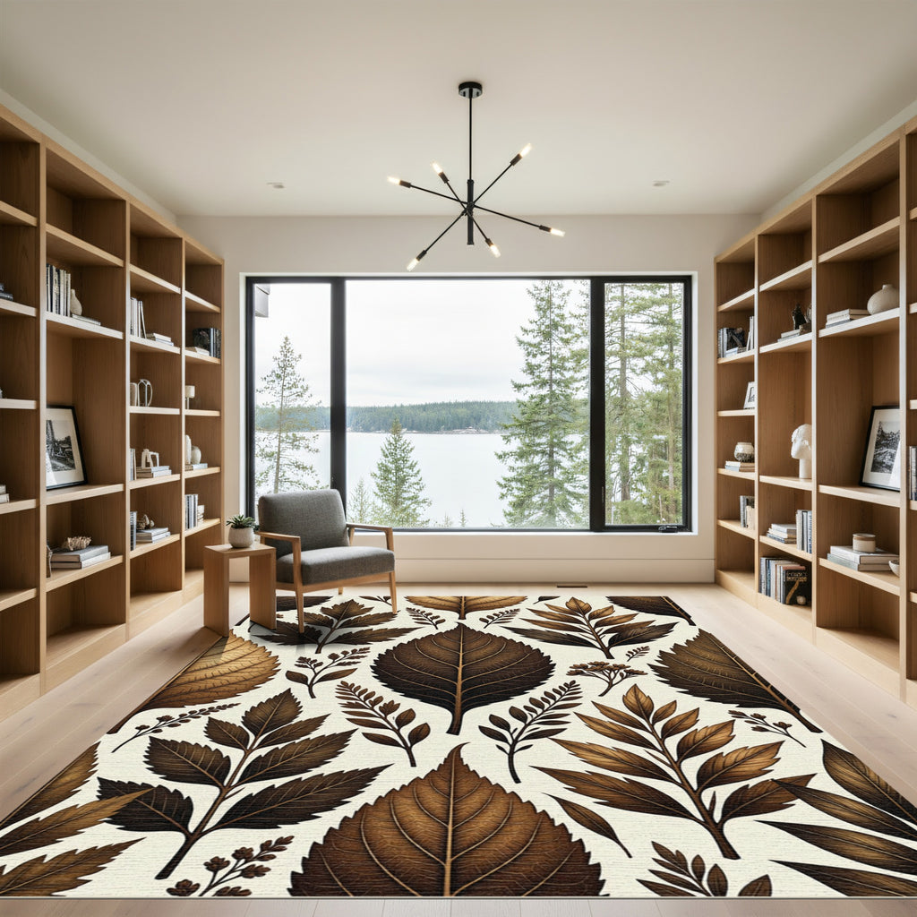 Rich Brown Autumn Leaf Botanical Rug