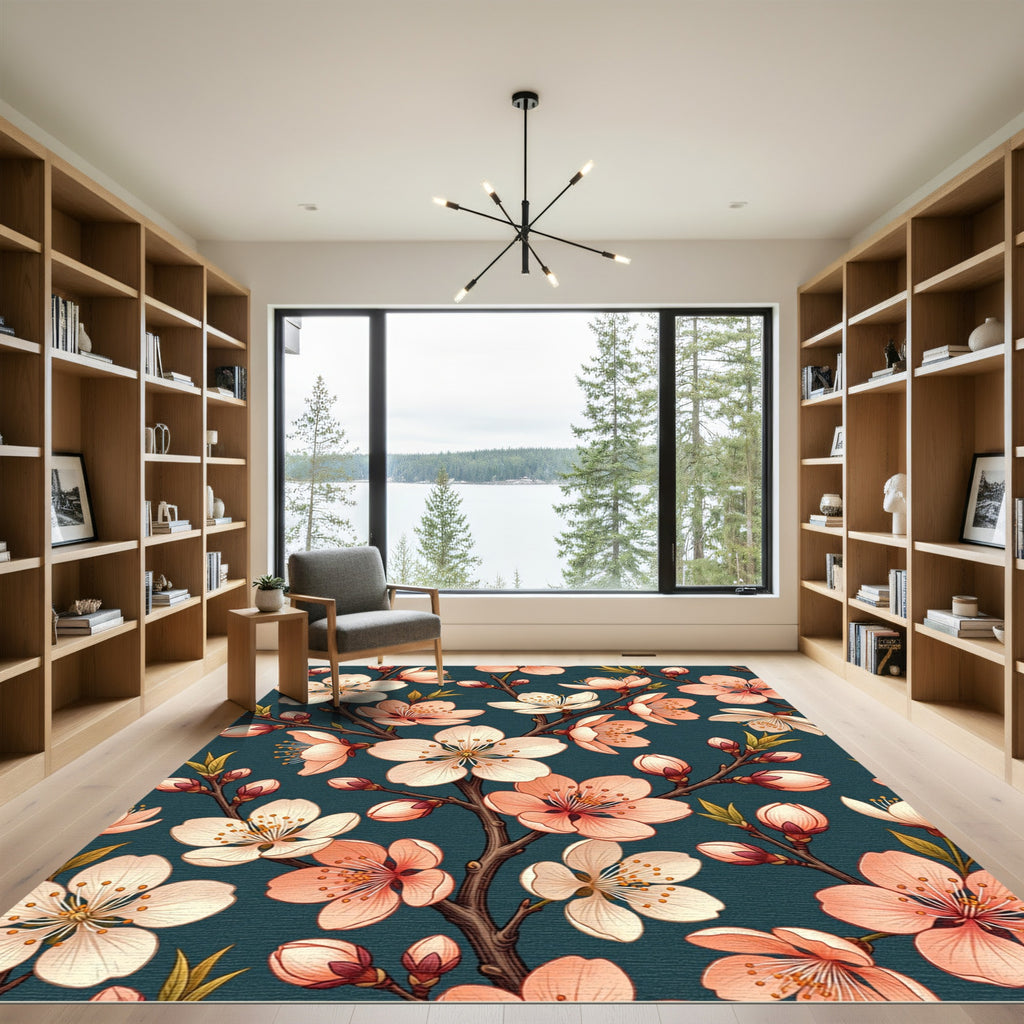 Elegant Peach Blossom Botanical Navy Backdrop Rug