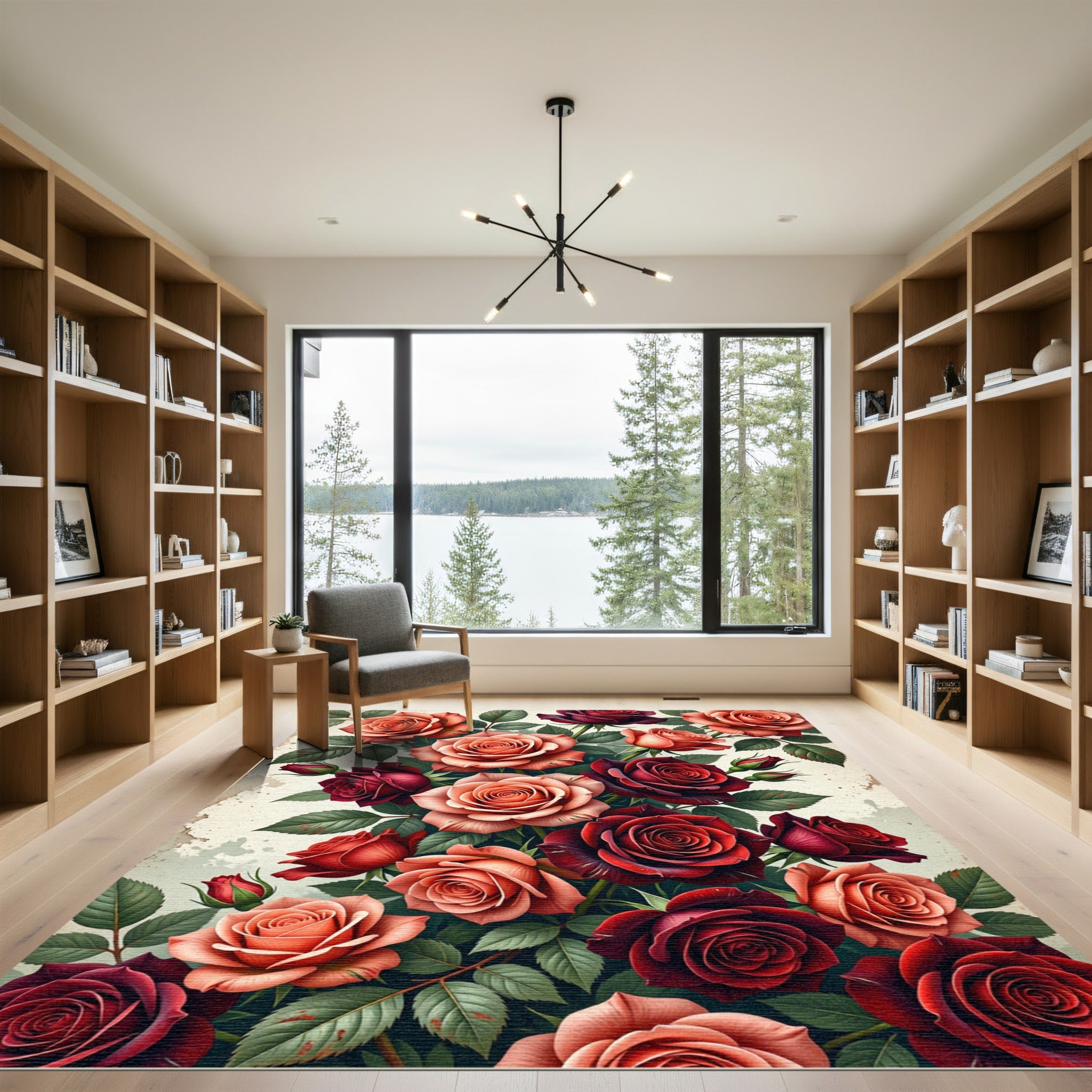 Red Coral Roses Lush Garden Rug