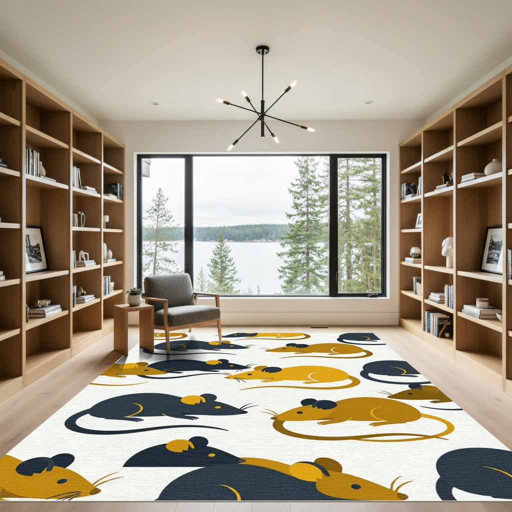 Playful Golden and Charcoal Mouse Illustration Rug