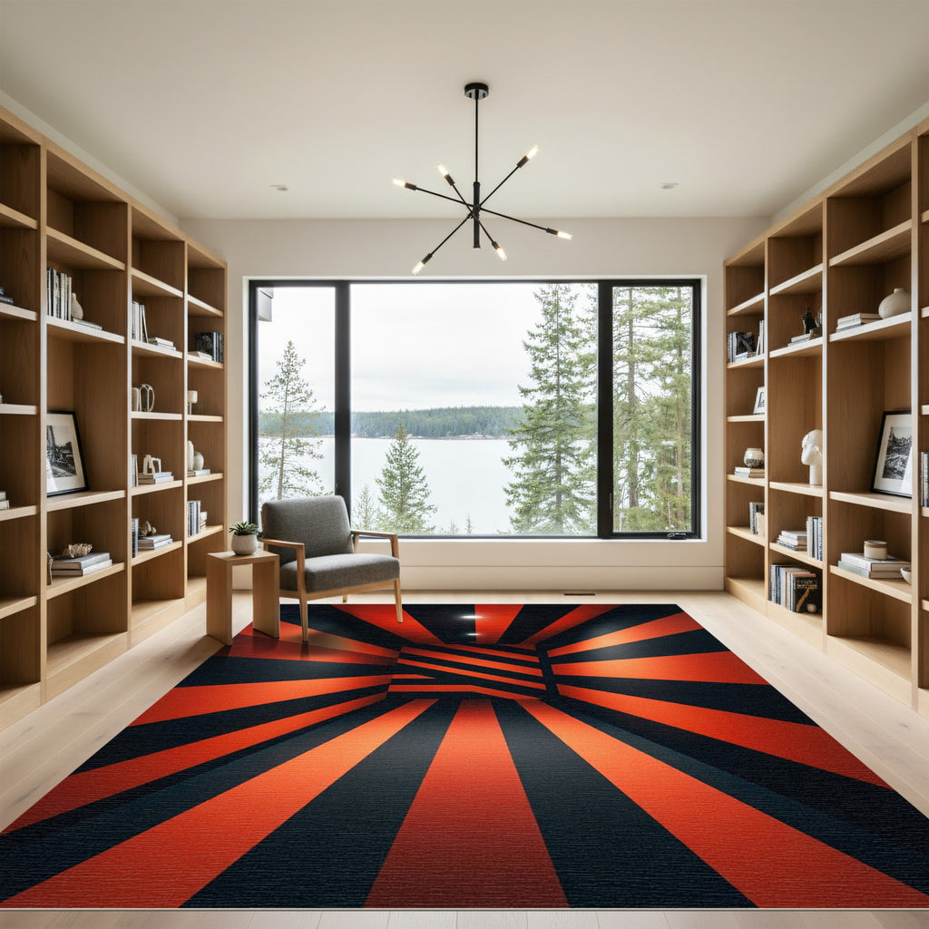 Bold Crimson Black Geometric Linear Rug
