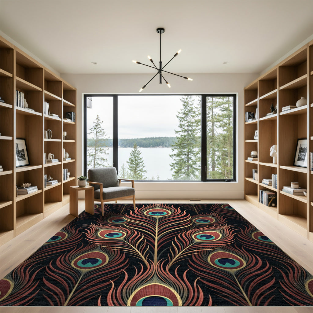 Elegant Peacock Feather Copper Art Rug