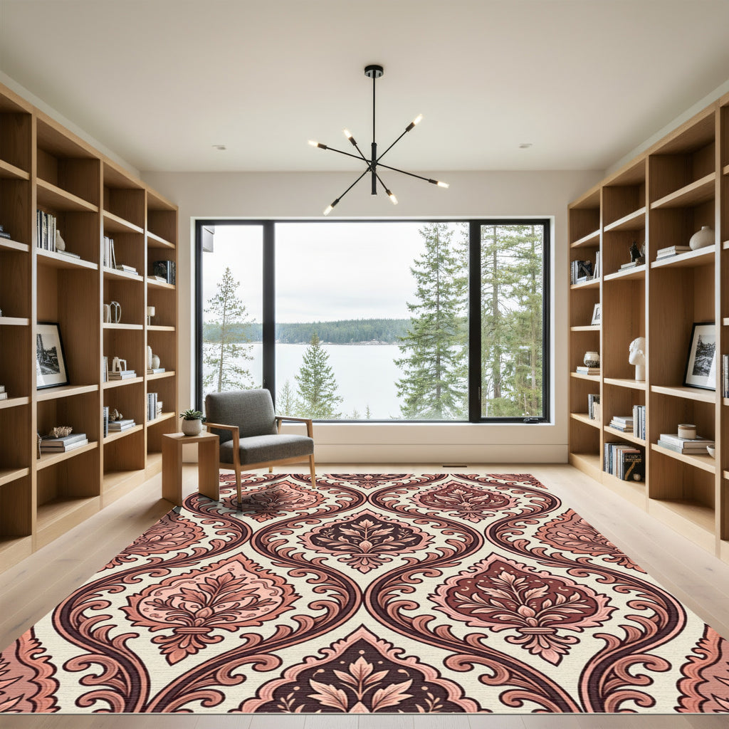 Ornate Pink and Brown Damask Swirls Rug