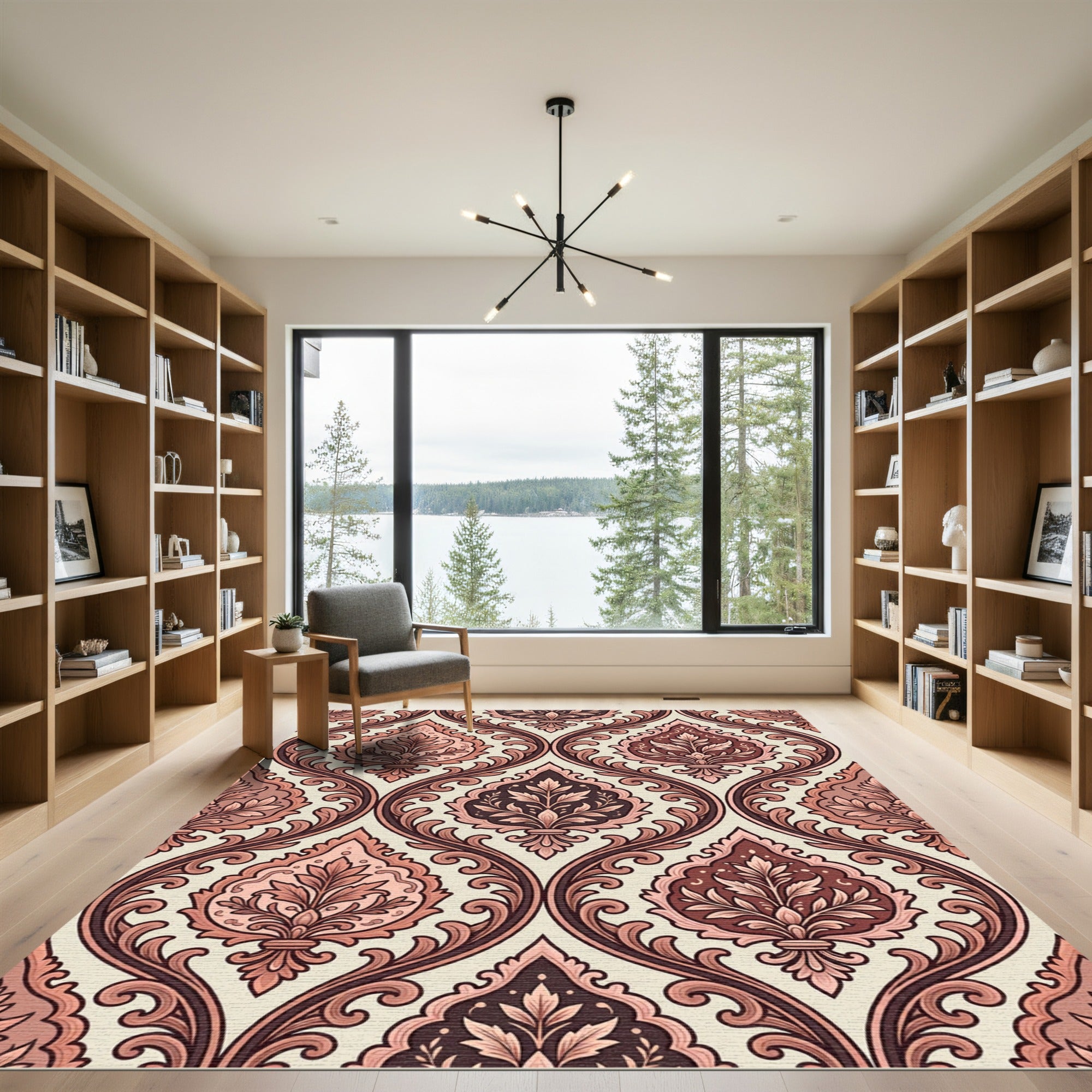 Ornate Pink and Brown Damask Swirls Rug