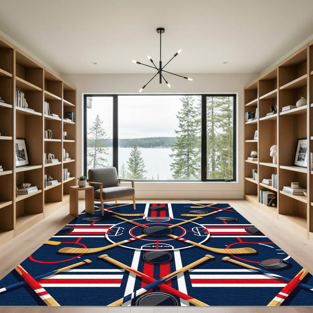 Geometric Ice Hockey Rink Navy Red Rug