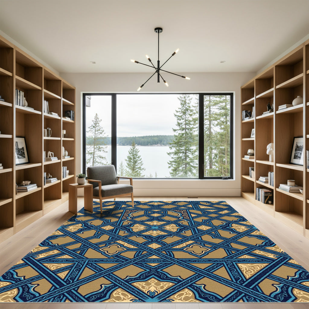 Ornate Navy and Gold Geometric Lattice Rug