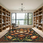 Ornate Amber Lotus Floral Illustration Rug
