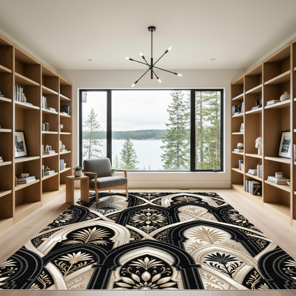 Elegant Black And Cream Arched Floral Rug