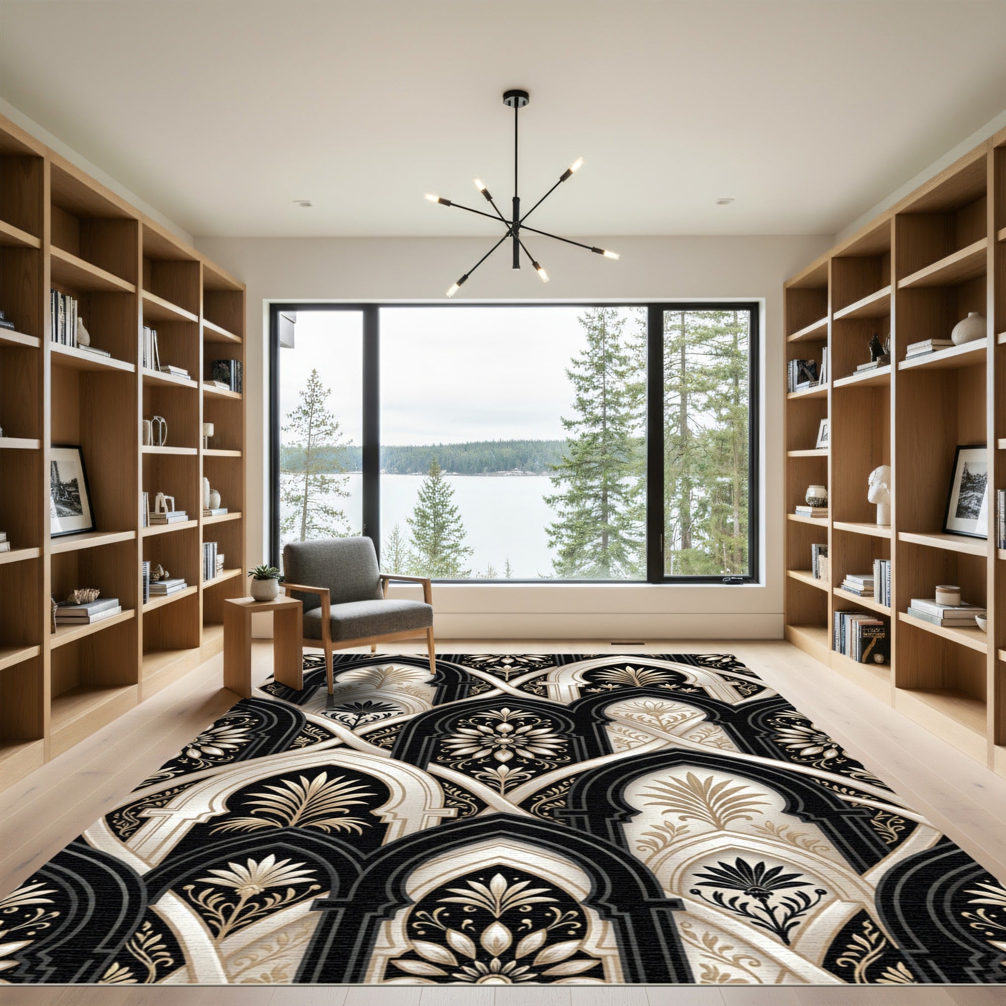 Elegant Black And Cream Arched Floral Rug