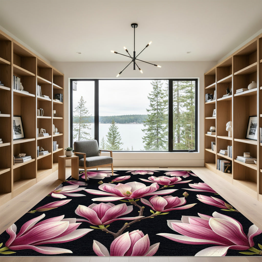 Elegant Pink Magnolia Botanical Blossoms Rug