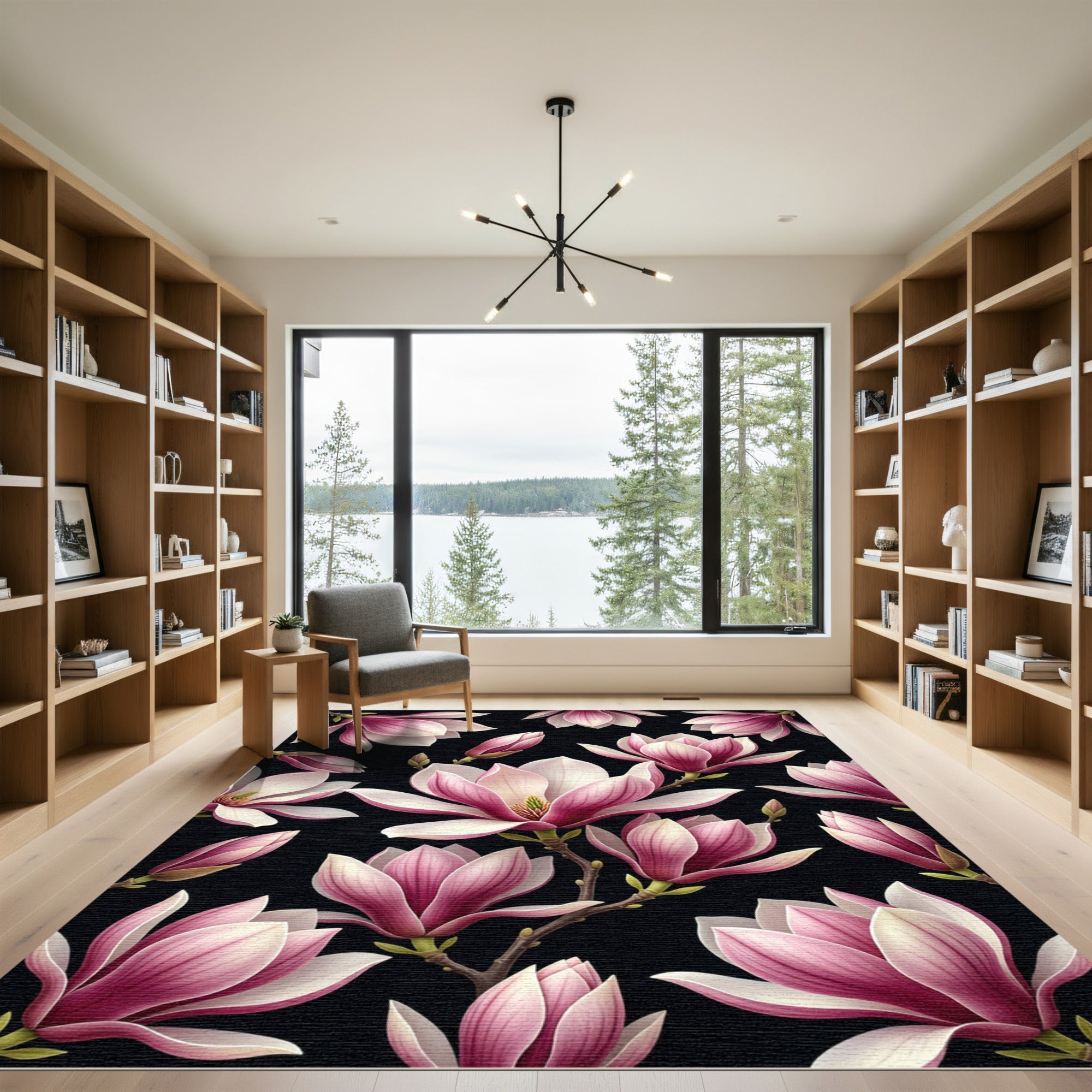 Elegant Pink Magnolia Botanical Blossoms Rug