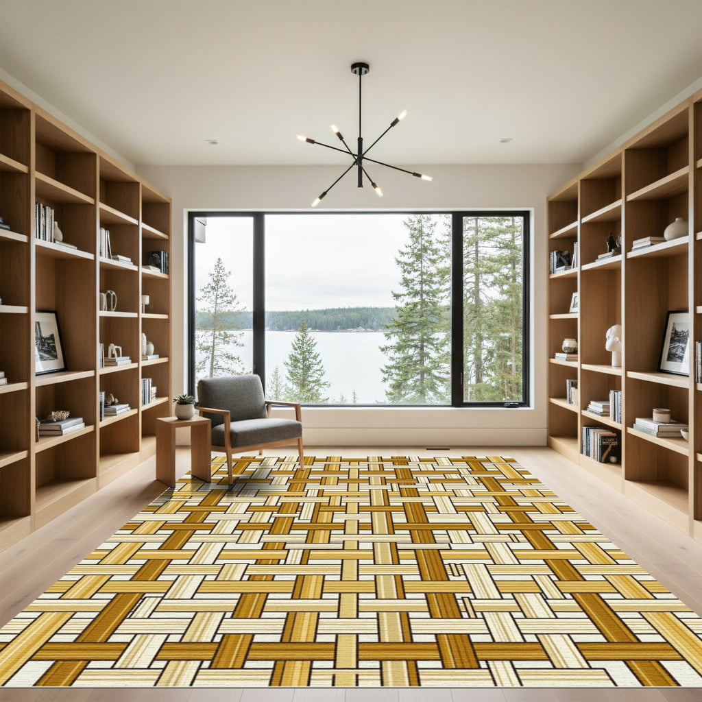 Earthy Woven Golden Bamboo Plaid Rug