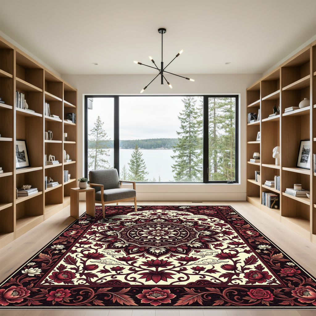 Crimson Floral Medallion Lotus Art Rug