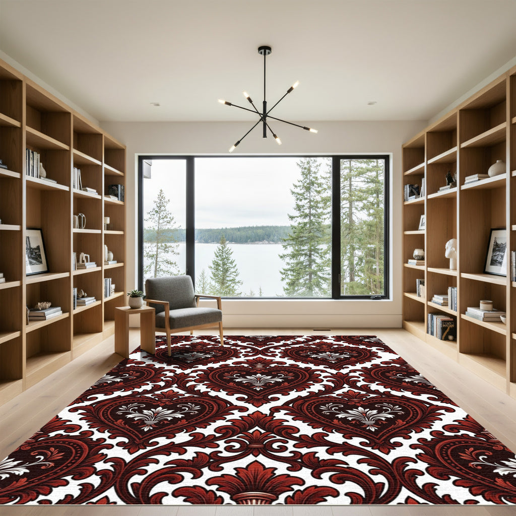 Elegant Dark Crimson Victorian Heart Damask Rug