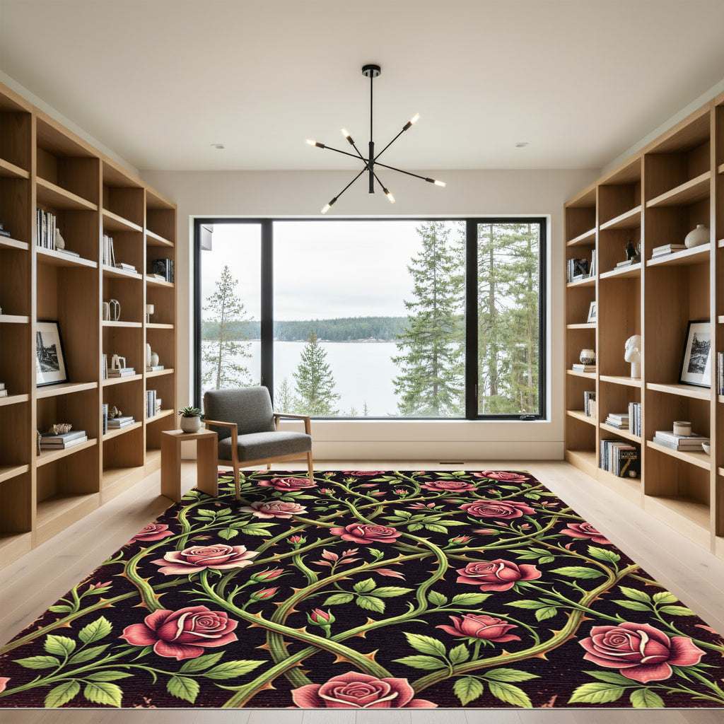 Dark Crimson Rose Vine Tapestry Rug