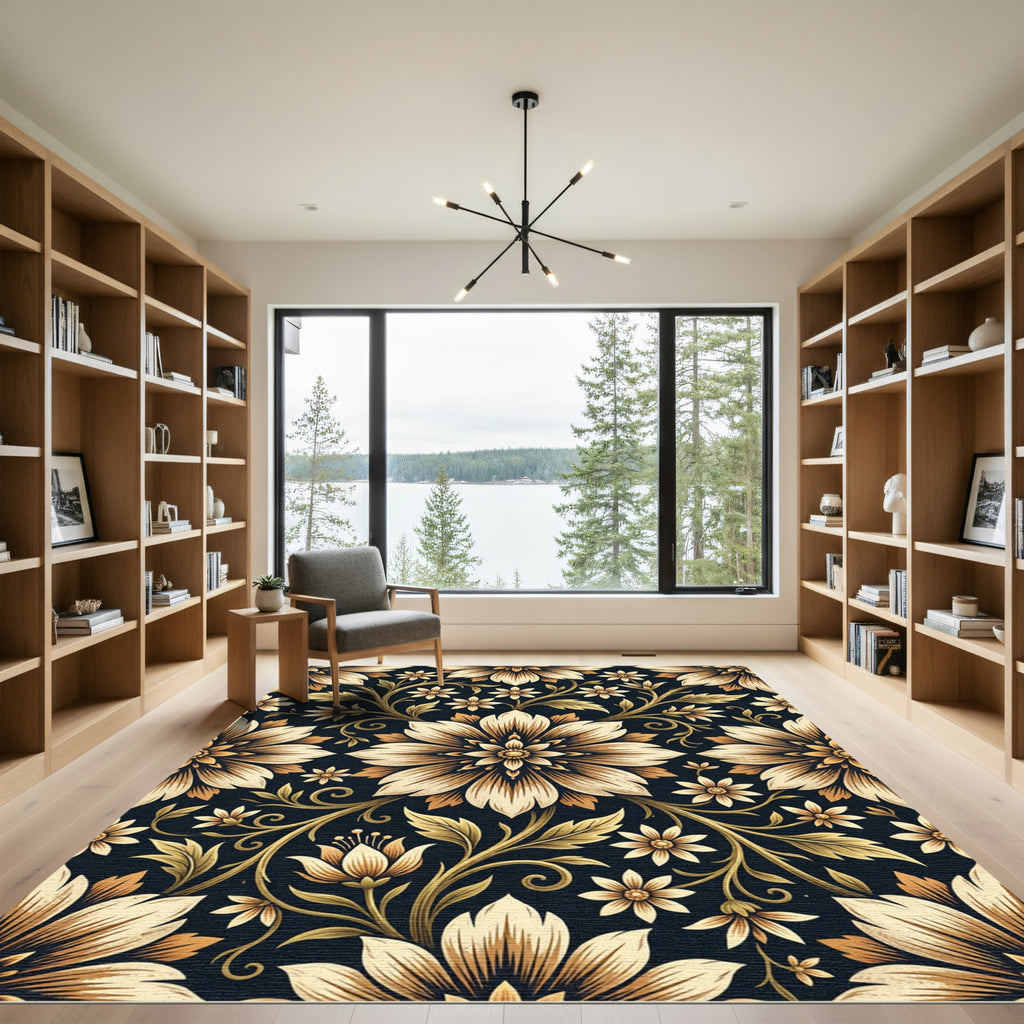Golden Floral Scroll on Navy Rug