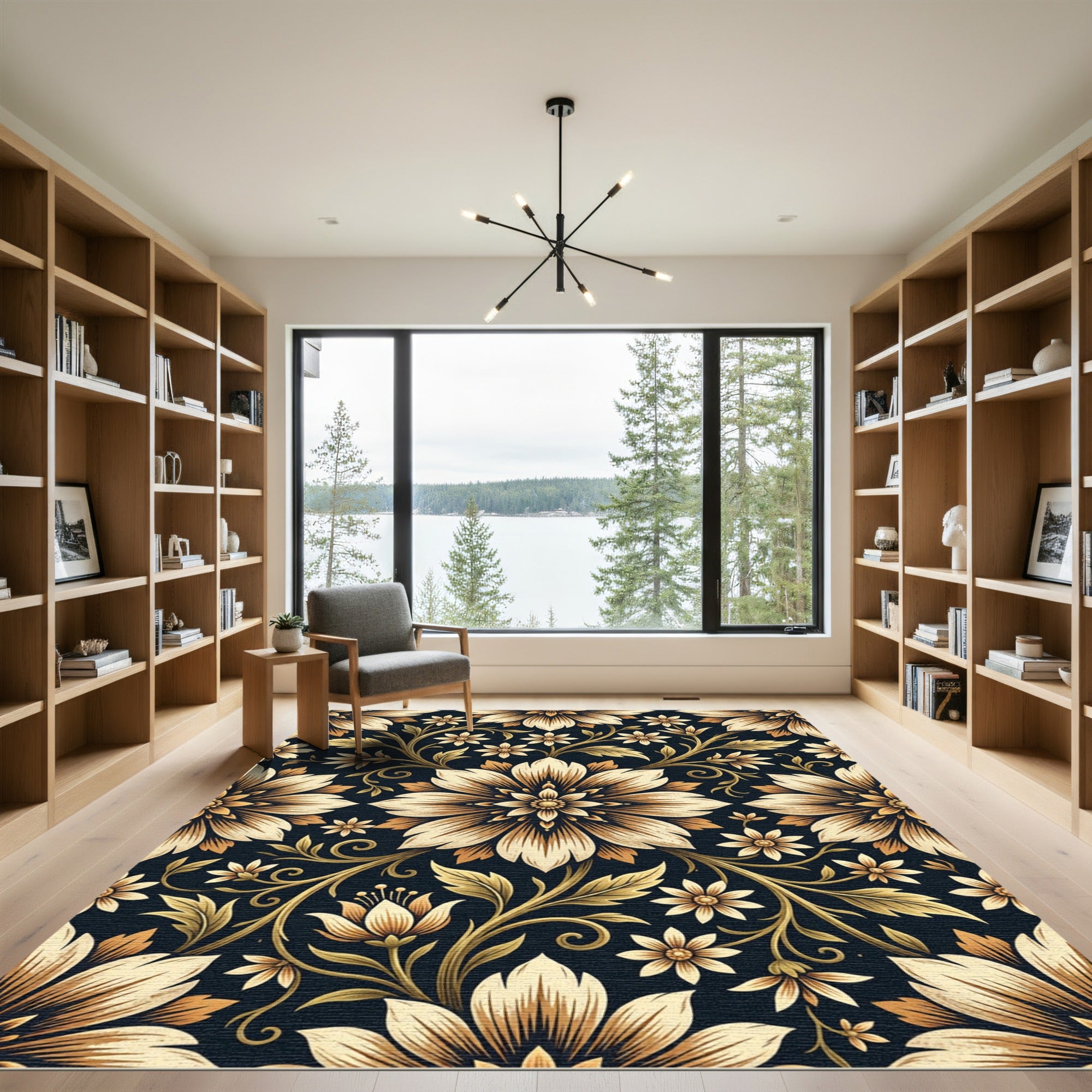 Golden Floral Scroll on Navy Rug