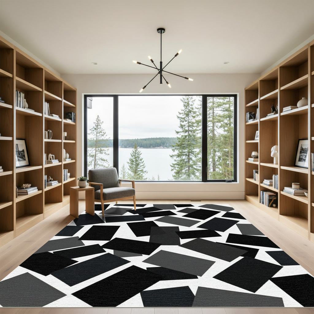 Minimalist Black and White Floating Rectangles Rug