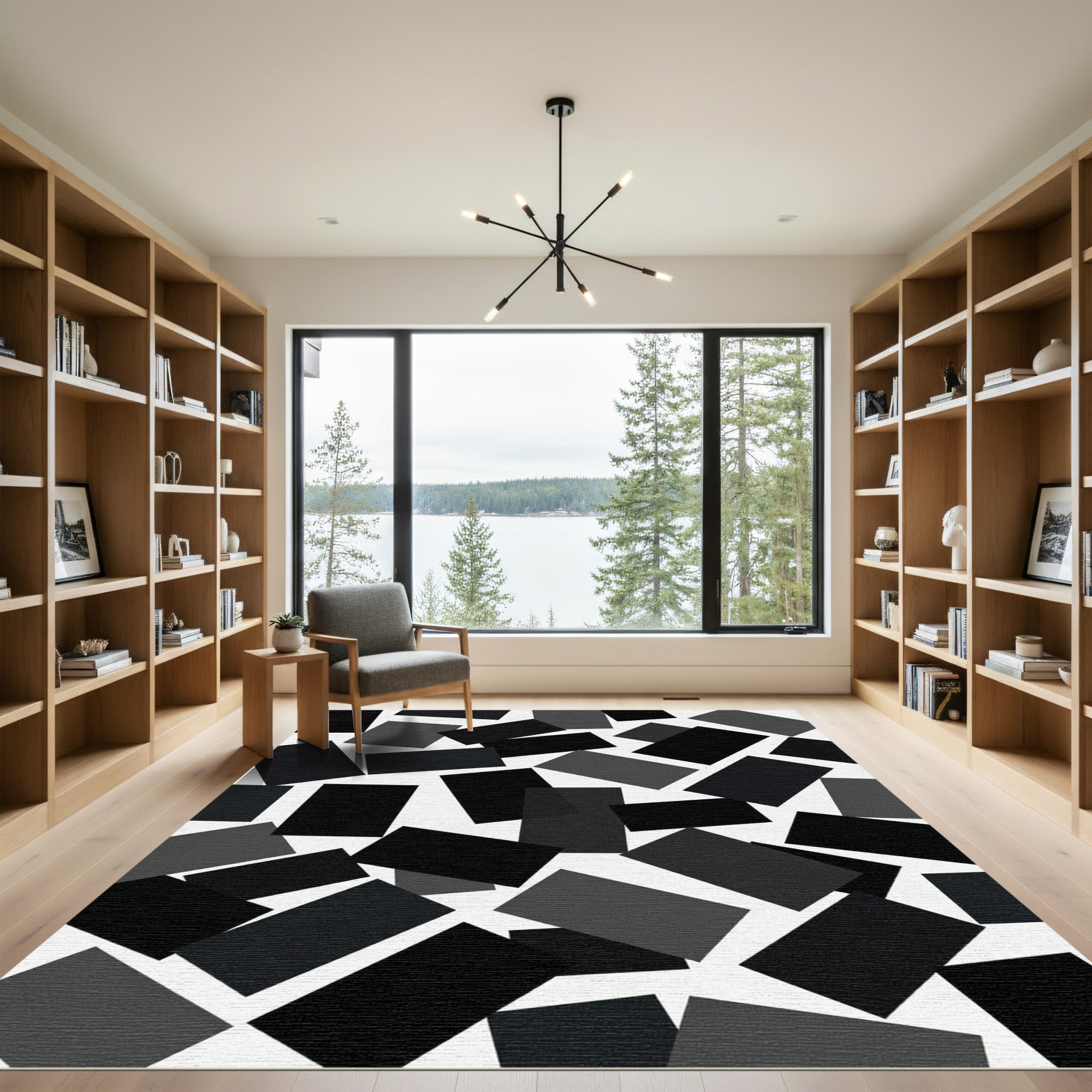 Minimalist Black and White Floating Rectangles Rug