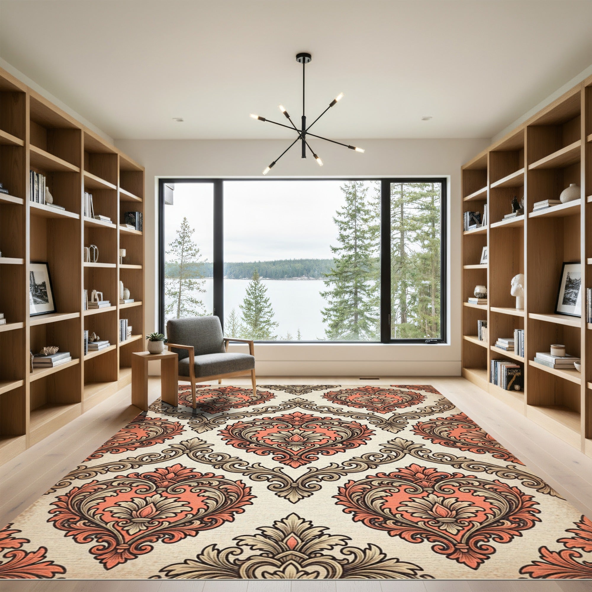 Coral and Taupe Ornate Damask Scroll Rug