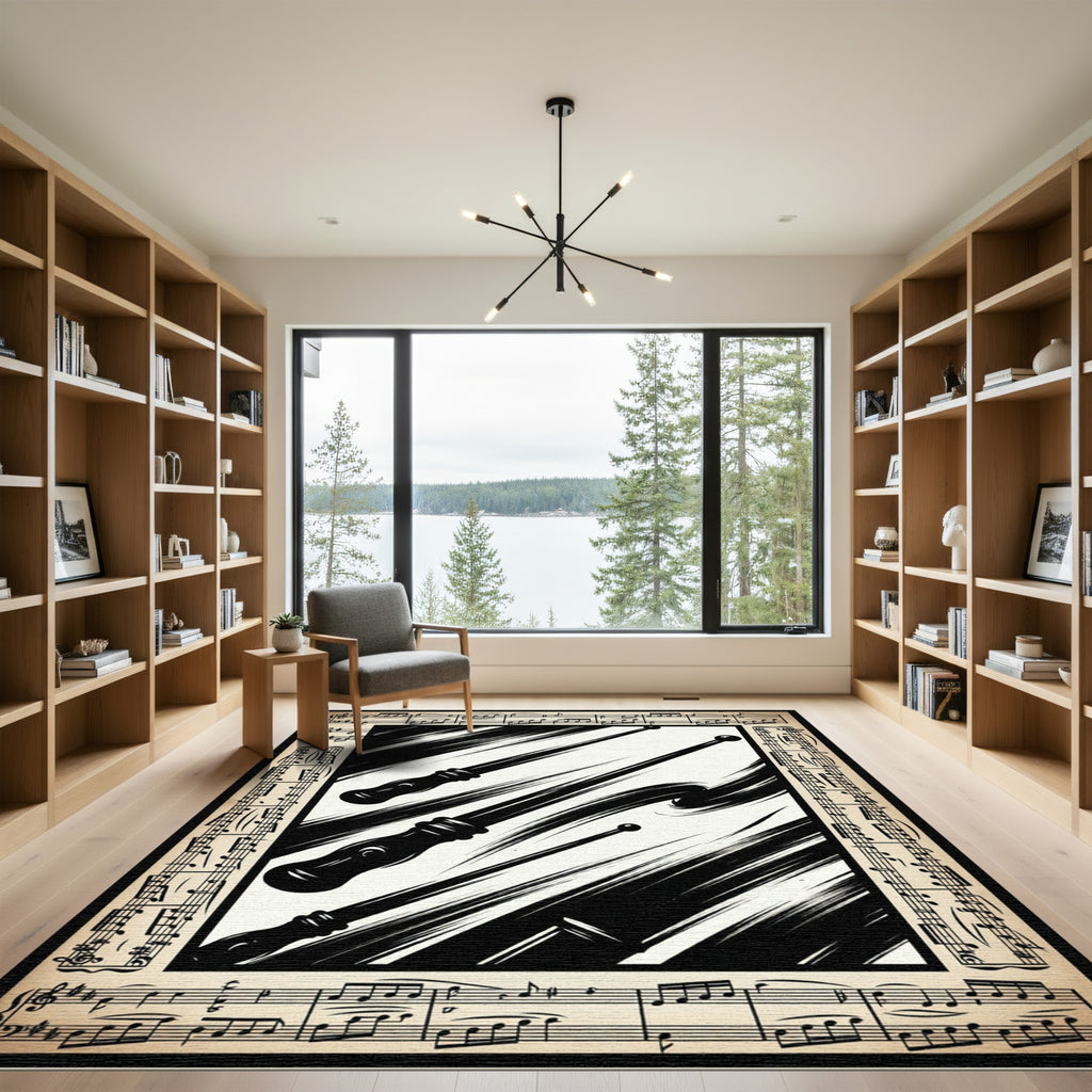 Monochrome Conducting Baton Musical Note Symphony Rug