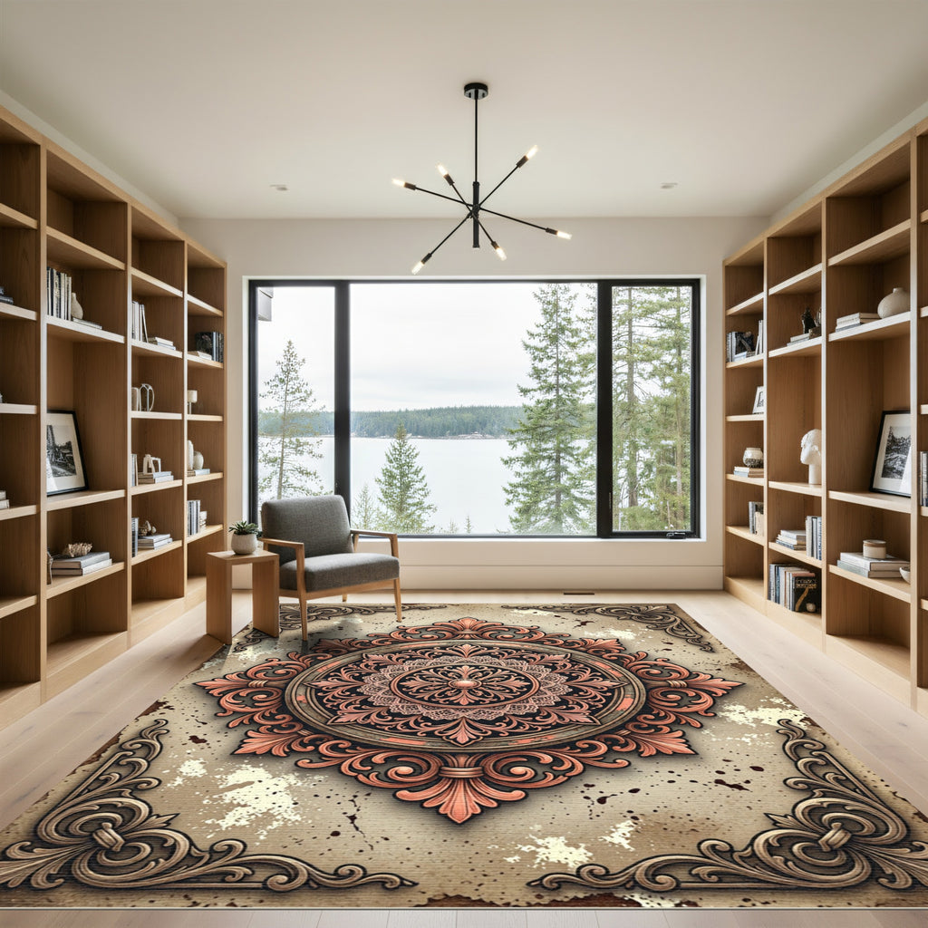 Ornate Antique Copper Damask Medallion Rug