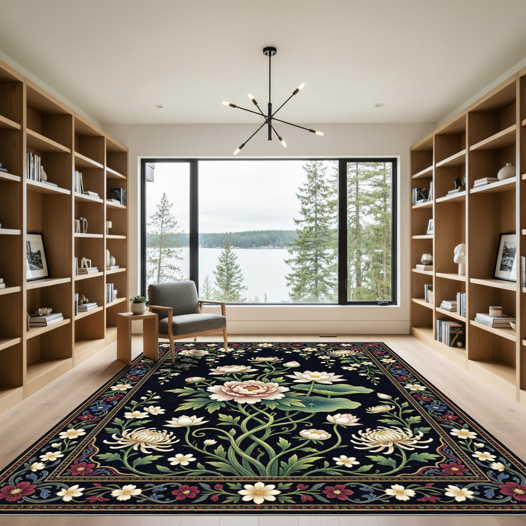 Elegant White Floral Black Botanical Art Rug
