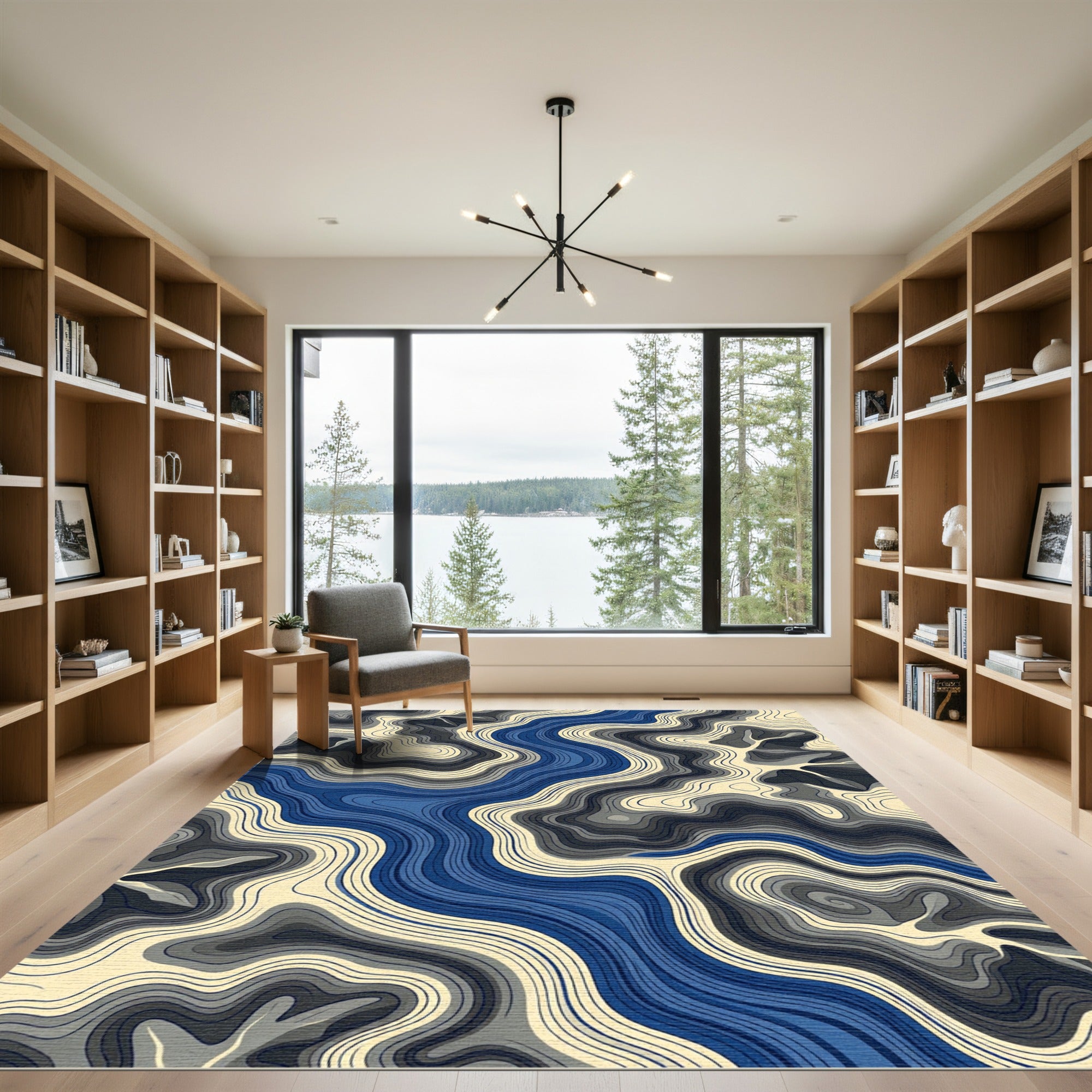 Abstract Blue Cream Topographic Contour Flow Rug