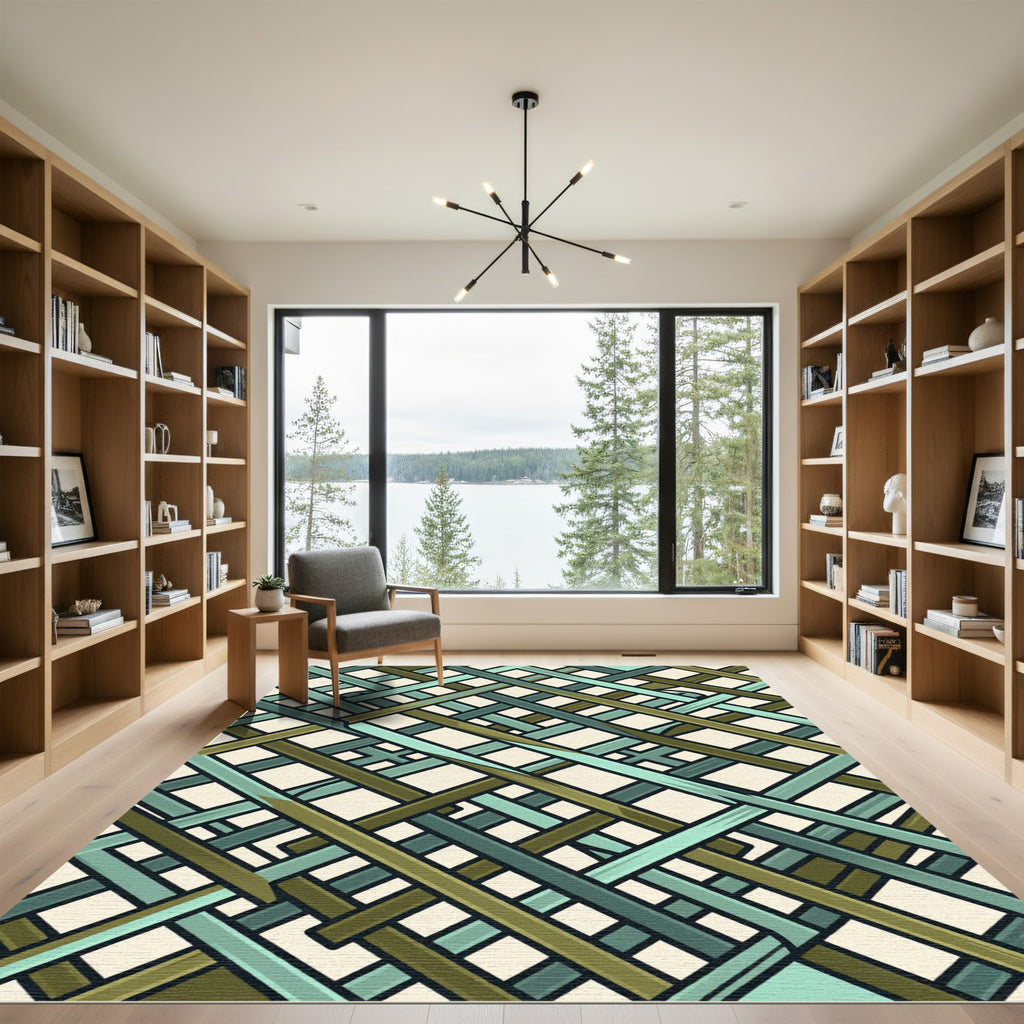 Olive and Teal Intersecting Geometric Weave Rug