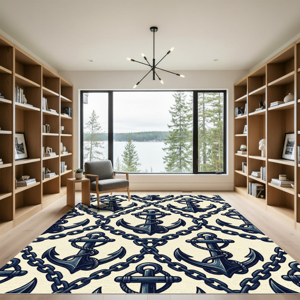 Navy Nautical Anchor and Chain Link Rug