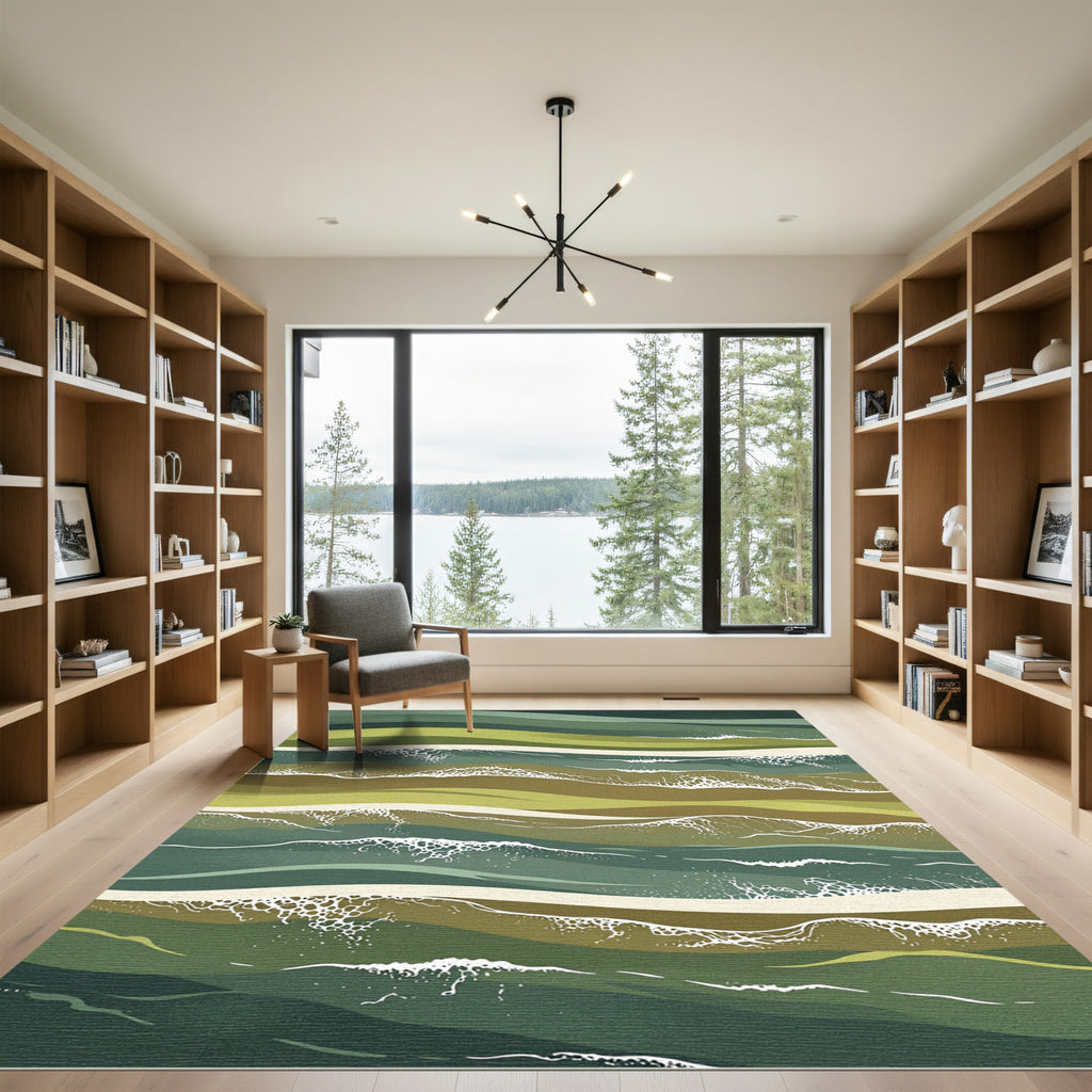 Earthy Green Abstract Wave Composition Rug