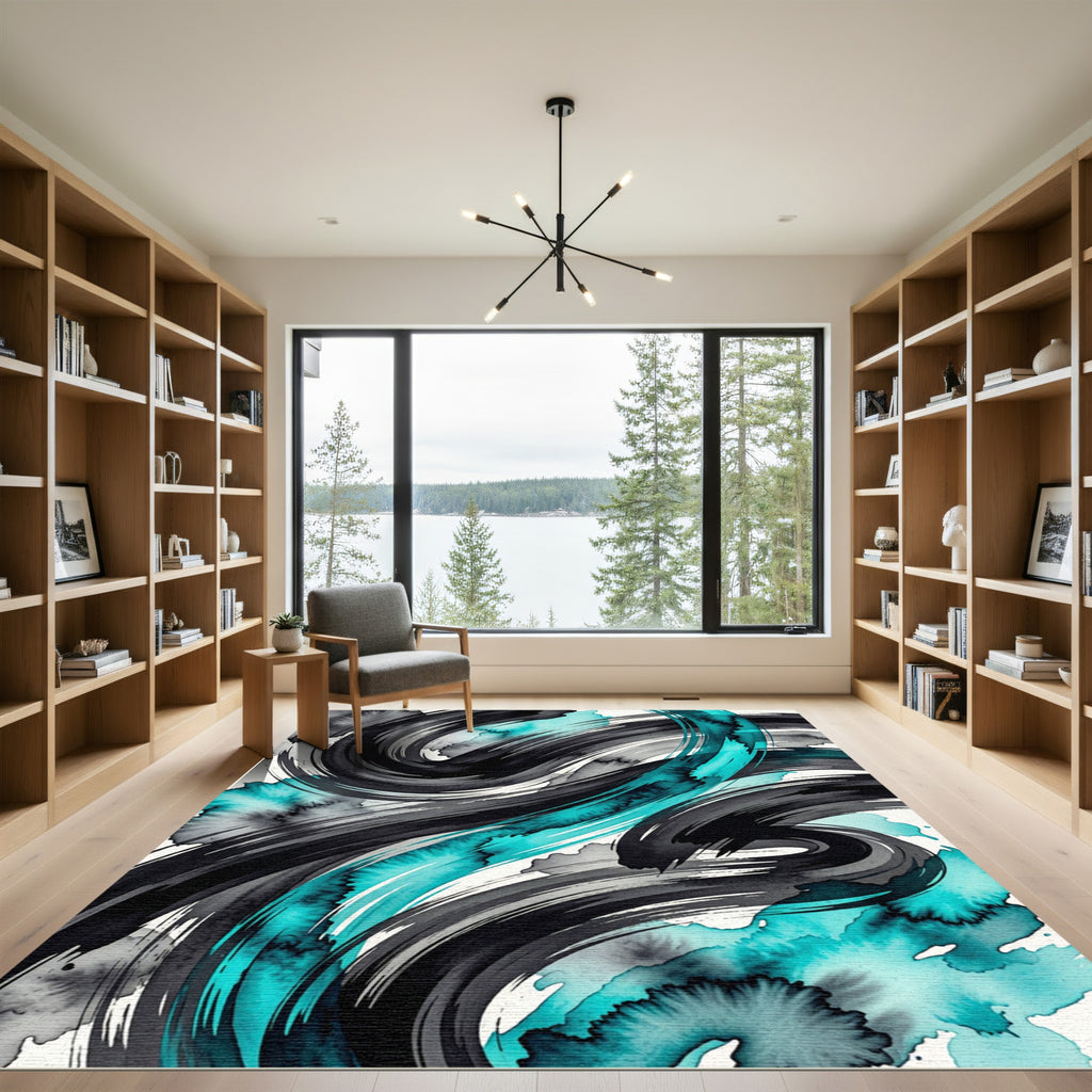 Abstract Teal and Black Swirl Art Rug