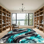 Abstract Teal and Black Swirl Art Rug