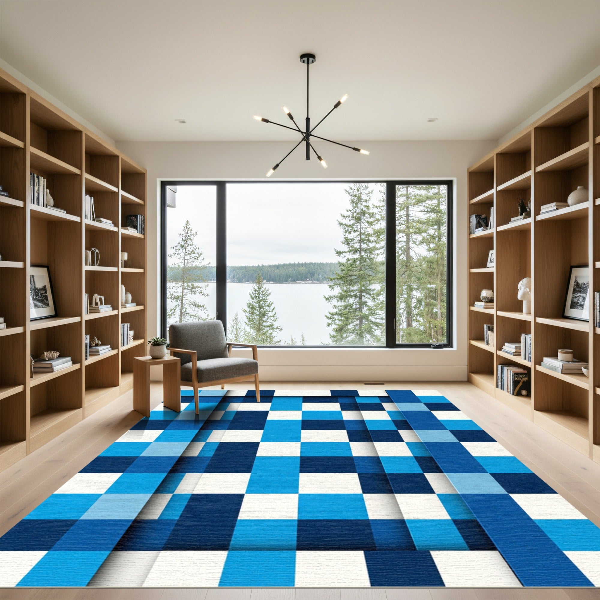 Cool Blue Checkerboard Layered Squares Rug