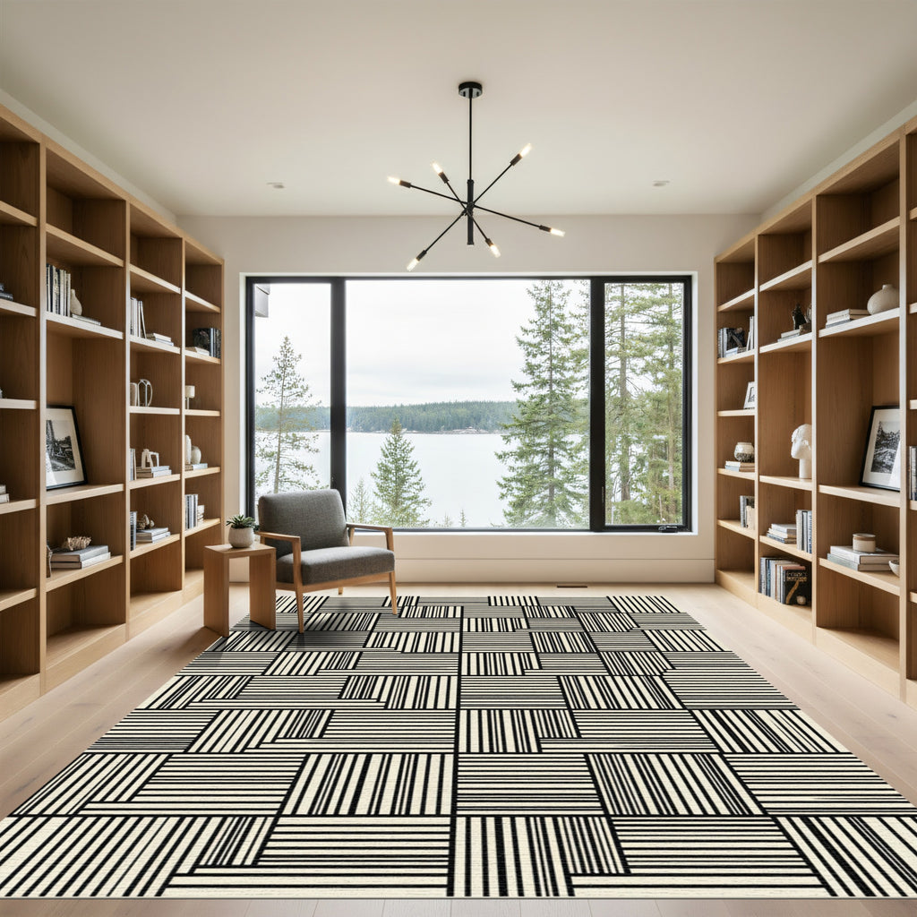 Black White Interlocking Lines Composition Rug
