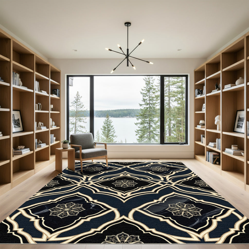 Dark Teal Gold Arabesque Floral Medallion Rug