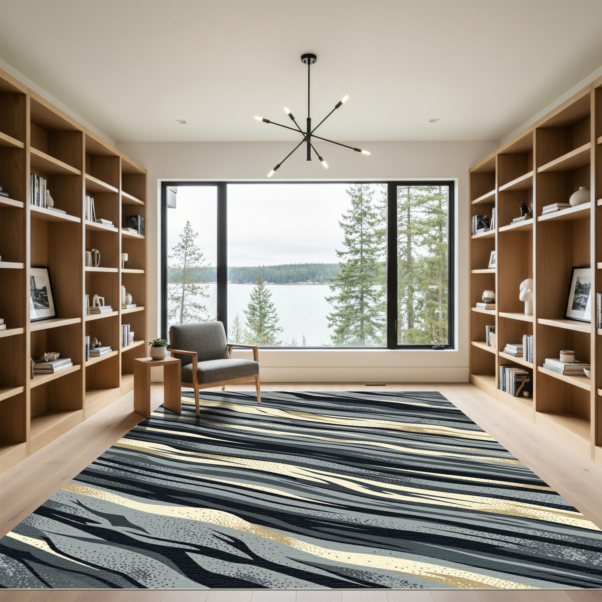 Modern Metallic Gray Abstract Wave Rug