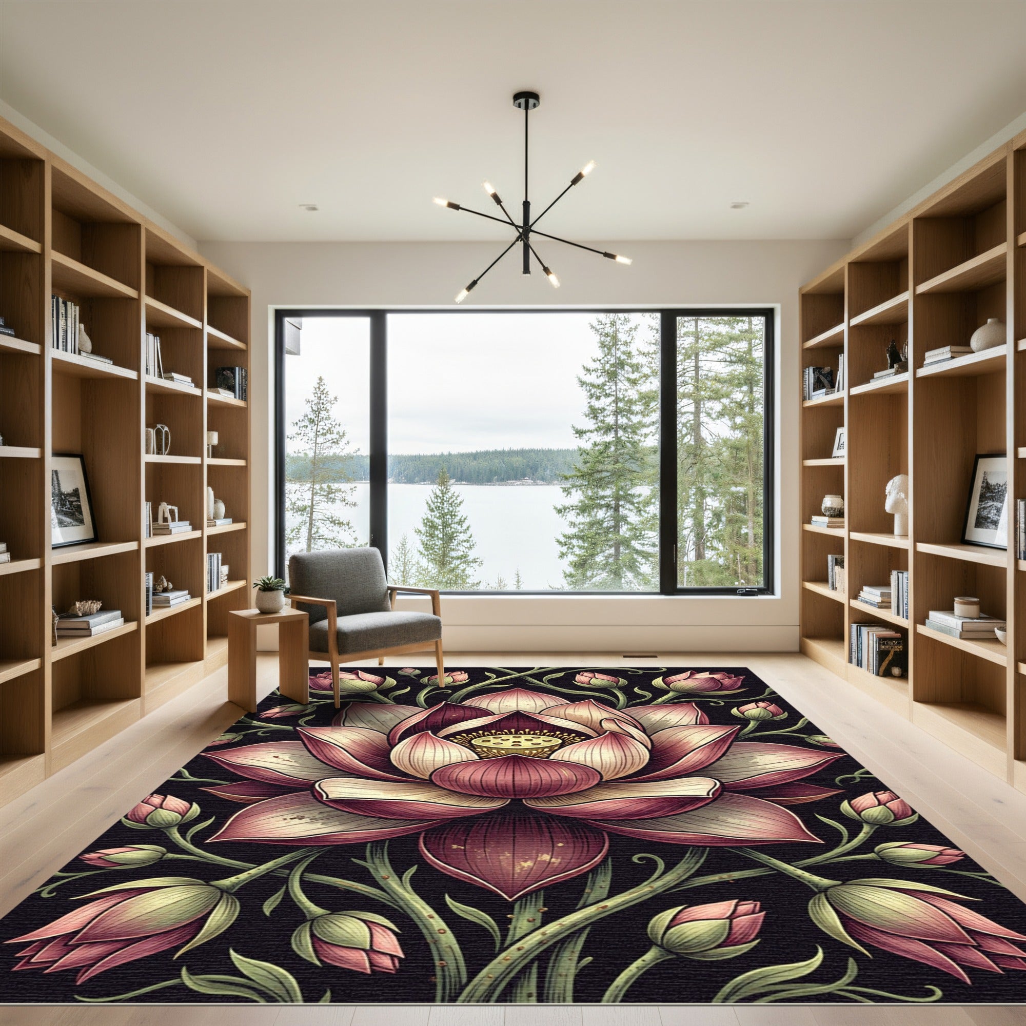 Pink Lotus Bloom Garden Illustration Rug