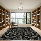 Elegant Black and Silver Damask Rose Rug