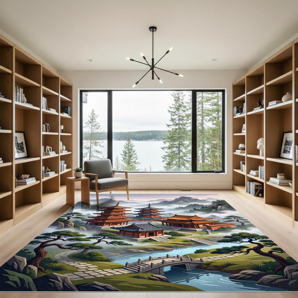 Mist-Covered Pagoda Mountain Landscape Tapestry Rug