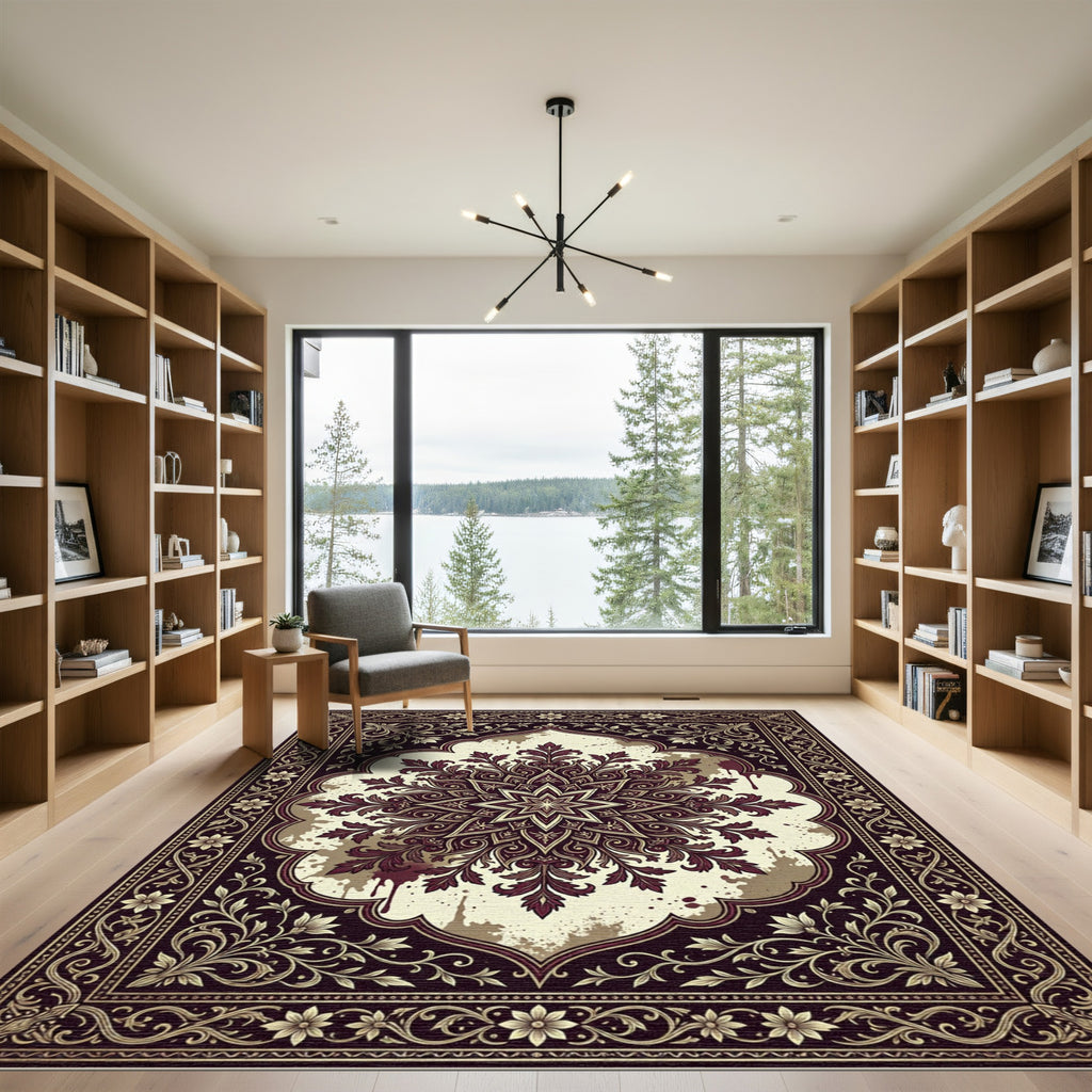 Regal Burgundy Floral Mandala Rug
