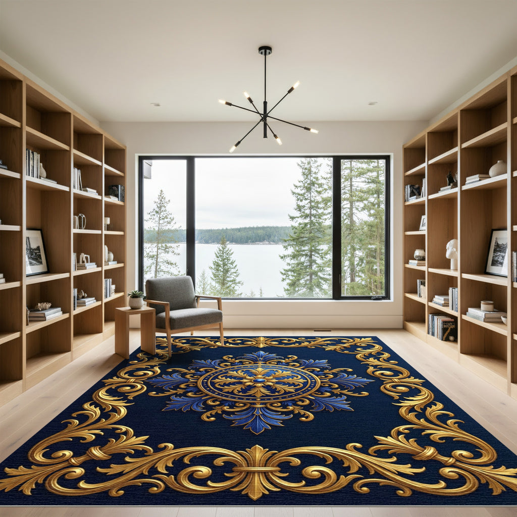 Royal Blue Gold Filigree Medallion Rug