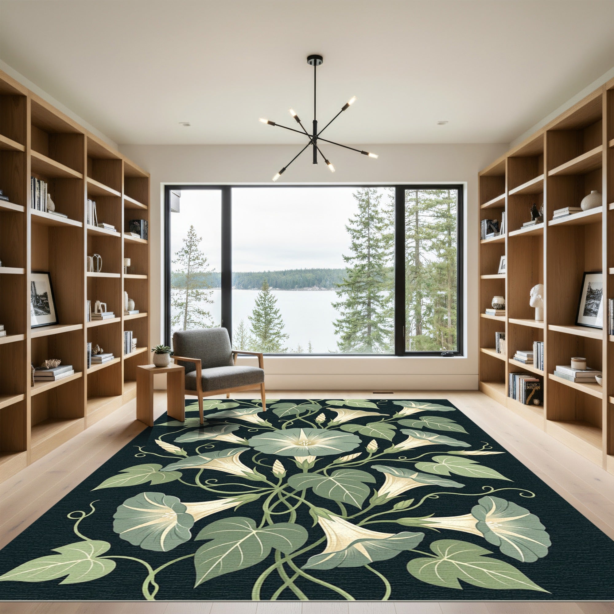 Sage Green Botanical Morning Glory Bouquet Rug