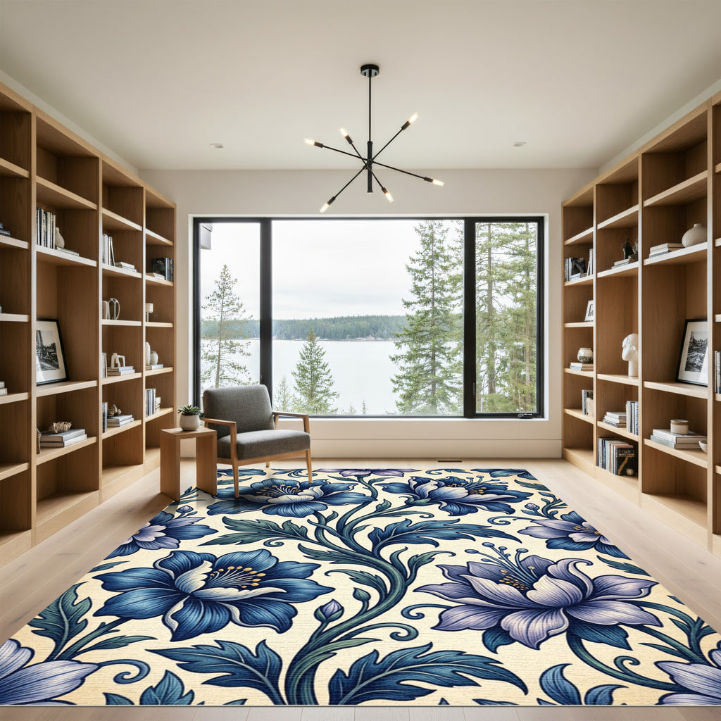 Elegant Indigo Floral Scroll Botanical Rug
